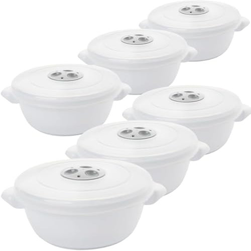 SUSTANIA Mikrowellengeschirr mit Deckel 6er Set (1l) Mikrowellen Geschirrset mit Dampfregelventil + Griff, aus lebensmittelechtem Kunststoff, Spülmaschinenfest, Hergestellt in der EU (WeiÃŸ)