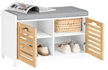 SoBuy Banc Chaussures Entrée Rangement - Meuble à Chaussures avec Coussin Rembourré et 2 Portes - Banc d’Entrée en Bois pour Couloir - 71x35x43cm, Blanc+Naturel, FSR23-II-WN