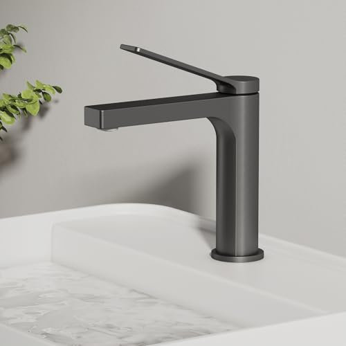 EMKE Wasserhahn Bad Anthrazit Matt, 195 x 173 x 46 mm, Messing, Keramikkartusche, Badarmatur, Mischbatterie Waschbecken-Armatur einfache Installation, Wasserhahn mit Luftsprudler, Waschtischarmatur