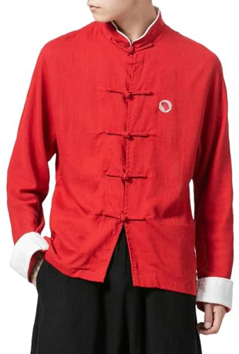 Style chinois Clan Tai Chi Kung Fu Vêtements Mince Manches Longues Hommes Chemise National Tang Costume Manteau, Rouge, L
