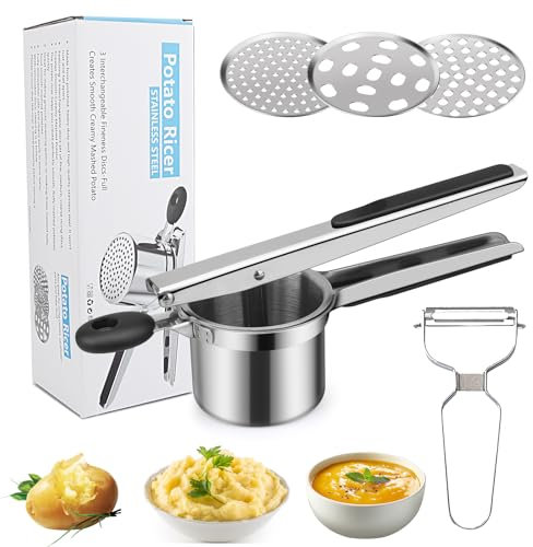 Passapatate in Acciaio Inox con Pelapatate, hicoosee Manuale Schiacciapatate Passapatate con 3 Colini Setacci Spaetzle Intercambiabili per Purè di Patate, Frutta, Verdure, Bébé, Limone
