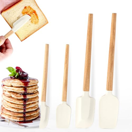 Maryse Patisserie, 4 Pièces Marises de Cuisine Silicone Spatule Cuisine Résistantes à la Chaleur Spatule Patisserie avec Manche en Bois Ustensiles à Pâtisserie pour la Cuisson la Cuisine