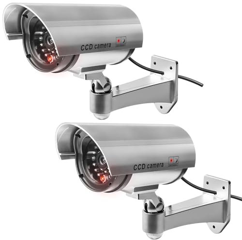 2 Stück Kamera Attrappe, Überwachungskamera Attrappe mit Rot Blinkender LED, Wandhalterung Dummy Kamera, Fake Kamera, Kamera Atrappe Außen für Wand Decke im Innen und Außenbereich, Schwarz