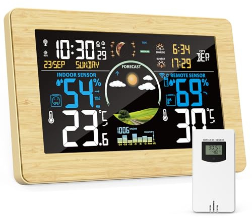 VIFLYKOO Estación Meteorológica Inalámbrica con Sensor Exterior, Estación Meteorológica Digital Multifuncional de Temperatura, Humedad, Presión Atmosférica, Pronóstico del Tiempo, Alarma