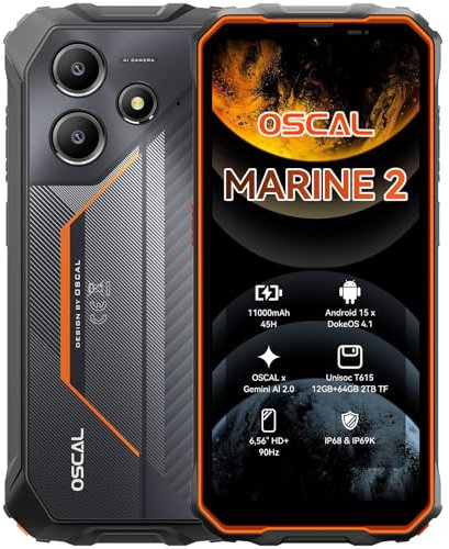 OSCAL Marine 2 Outdoor Handy Ohne Vertrag 2025, 11000mAh 12GB+64GB/2TB, Android 15 Outdoor Smartphone, 6.56 HD+ 90Hz, 16MP+8MP AI Kamera Baustellenhandy, IP69K Wasserdicht, Dual SIM 4G/NFC/OTG/GPS