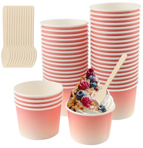 Vaskula 50 Pezzi Coppette Gelato 240ML Bicchieri per Gelato in Carta con Cucchiaio Ciotole di Carta Addensato Coppett Dessert per Feste Gelato Yogurt Congelato Zuppe (Colore Rosa Sfumato)