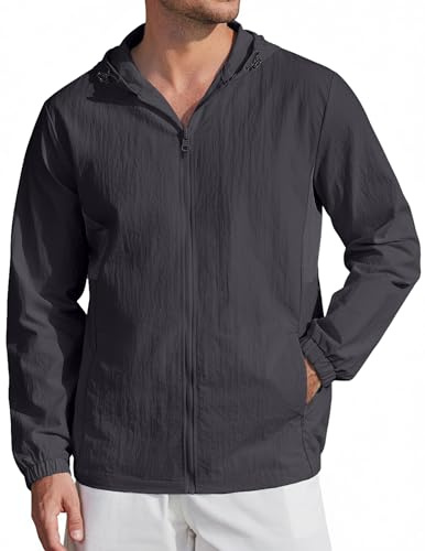 COOFANDY UV Protection Jacket For Beach Travel Fishing Hoodie Jacket Upf Dark Grey 2XL Mens Zip Up Sun Shirt Long Sleeve