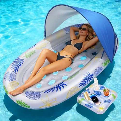 Cheffery Flotador Inflable Piscina, Flotador Inflable de Bronceado para Adultos con Toldo Desmontable e Iluminación, Colchoneta Hinchable Piscina para Playa Fiestas Verano