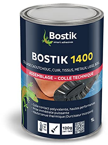 Bostik 1400 Colle Contact Liquide Multi-Usages – Prise Immédiate Puissante – Durcisseur Incorporé – Couleur : Ambré – Bidon de 1L