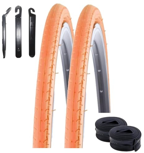 maxxi4you K-196 Lot de 2 pneus de vélo de course Orange 700 x 26C (26-622) + 2 tuyaux assortis (SV) + 3 démonte-pneus
