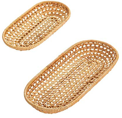 MisFox Set da 2 Rattan Vassoio Ovale Intrecciato a Mano Pane Cestino Coltello e forchetta Vassoio per Conservare Oggetti Spuntini Frutta