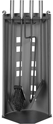 tectake® Serviteur cheminée, 5 ustensiles cheminée en acier, Support de rangement, Tisonnier, Pince à buches, Balai, Pelle, Set outils Cheminee résistants à la chaleur et facile à nettoyer