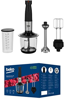 BEKO, Set Mixeur Plongeant, Puissance : 750 W, 12 vitesses + Turbo, 4 lames en étoile, Cloche anti éclaboussures, Verre doseur, Hachoir bol verre 2 lames, Fouet, Pied inox, Noir et Inox