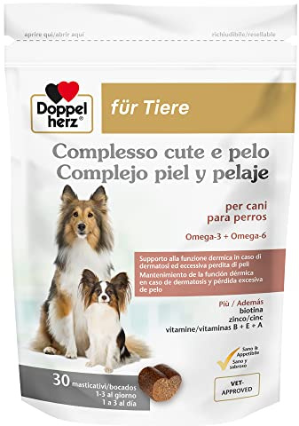 Doppelherz Complesso Cute e Pelo per Cani, Supporto alla Funzione Dermica in Caso di Dermatosi ed Eccessiva Perdita di Peli, omega-3+6, zinco, biotina, vitamine B+E+A, 30 Masticativi