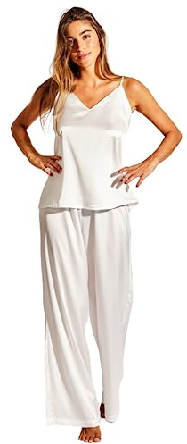 Laura in - Set di Abbigliamento Donna 2 Pezzi Pigiami di Seta Raso Tinta Unita Top con Bretelle e Pantaloni Lunghi-1603BiancoM
