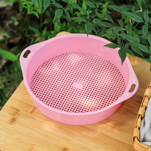 CYRANK Rock Garden Sieve Soil Sifter 3mm, Round Plastic Gardening Soil Sifting Pan Sand Sifter Set, Garden Riddle Sieve Mesh Sifter for Rocks Gravel Sifter for Small Gravel, Soil, Sand(Pink)