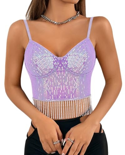 Segreto damer glitter paljetter linne ärmlös spagettiremmar sexig crop top axelbandstopp festival party klubb camisole, Lila paljetttofs, S