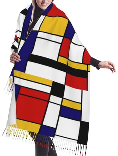 GRatka Écharpe, composition de couleurs de style artistique Mondrian rouge, écharpe à franges unisexe grand chaud et doux au toucher cachemire châles enveloppements 196x68 cm