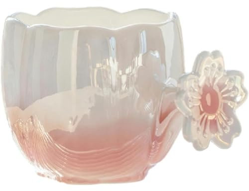 VollfitYYu Porzellan Perlglanz Kaffeebecher Farbverlauf Kaffeetasse mit Süße Kronblatt Griff 350ml Teebecher Bürotasse Keramiktasse Kakaobecher Geschenke für Mutter Frauen Mädchen (Rosa)