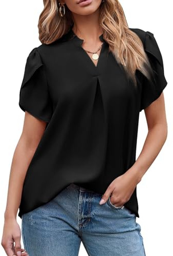 SHEKINI Dam V-ringad enfärgad chiffongblus veckad volangärmar elegant kortärmad chiffongblus tulpanärmar casual korta ärmar ledig flytande skjorta blus, svart, L