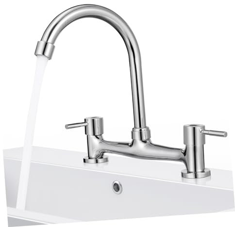 Kitchen Sink Mixer Taps, 2 Hole Kitchen Faucet 360 Swivel Spout Dual Lever Cold and Hot Gooseneck Faucet for Bathroom Sink Easy Installation