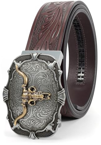 BELTROAD Mens Ratchet Western Belt Leather Cowboy Ratchet Belts for Men Leather Ratcheting Belts for Jeans Casual Adjustable Belt for Men with Automatic Cowboy Buckle Men's Belts