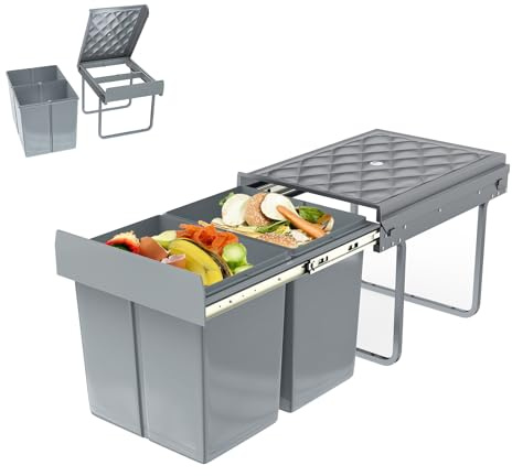 AufuN Sophink avfallsbehållare sopkorg kök underskåp utdrag, avfallssepareringssystem 2 fack utdragbar 2 x 15 l, fullt utdrag med teleskopskenor, 48 x 34 x 35 cm (L x B x H), grå