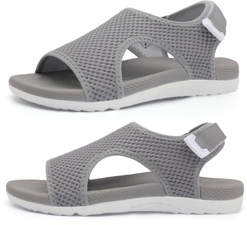 XIHALOOK Womens Sandals with Plantar Fasciitis Support Breathable Open Toe Sandals Casual Summer Walking Shoes Dark Grey, Size 9