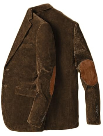 Stillluxury Giacca blazer con toppa al gomito per uomo monopetto in velluto a coste casual cappotto sportivo con risvolto tacca smoking da sposa, Grigio e marrone., M