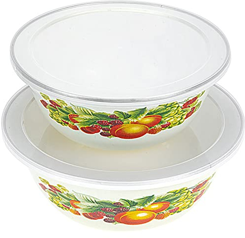 CATIEBYE Emaille Salatschüsseln 2 Stück mit Deckel Robuste Vorratsbehälter und Suppenschalen aus Emailliertem Metall für Haushalt und Picknick