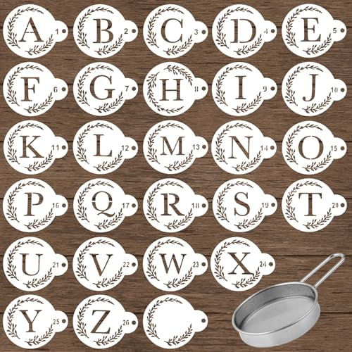 27pcs Letter Stencil for Cakes with Flour Sifter, Cookie Decorating Template Reusable Alphabet Stencils Sourdough Bread Baking Tools Gifts for Sourdough Bakers