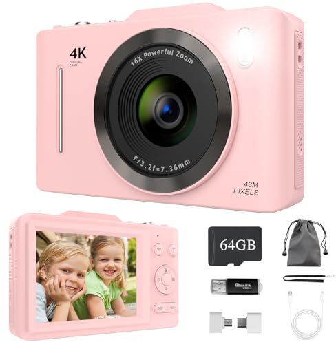 Digital Camera with 64GB SD Card, 4K Digital Compact Cameras - 2.8'' Large Screen, 16X Digital Zoom, Autofocus, Anti Shake, Rechargeable Mini Vlogging Camera for Kids Beginners Students (Pink)