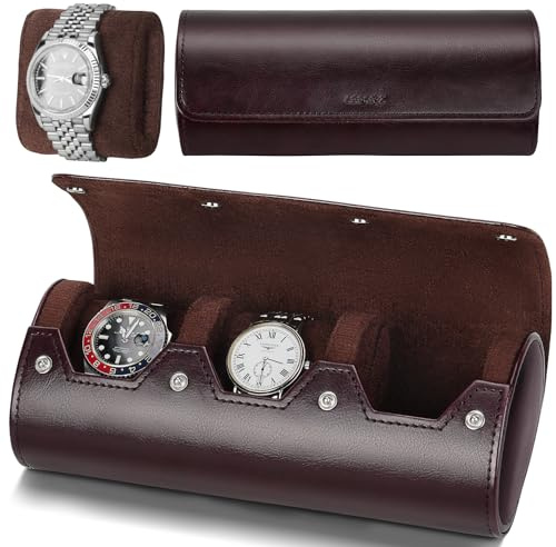 LEFOR·Z Watch Roll Travel Case Watch Box Organizer for Men with 3 slots Watch Display Storage Portable Watch Rolls PU Leather Cases (Brown)