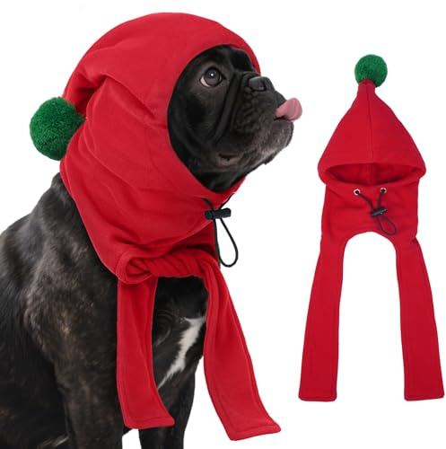 HMJGDZG Vinterhatt hund med halsduk & Pom - justerbar fleecehuva för små hundar, juldräkt, röd (S:8-10 huvudomkrets)
