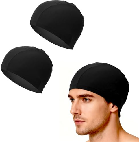 2 Pack Black Fabric Swim Caps, Soft Elastic Quick-Dry Swimming Hats, Breathable Lightweight Unisex Fit for Adults & Kids