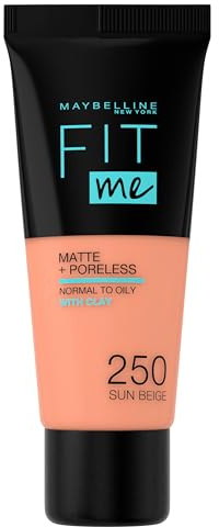 Maybelline New York, Base de Maquillaje que Calca a tu Tono Fit me! Mate y Afinaporos, Color: 250 Sun Beige (Paquete de 6)