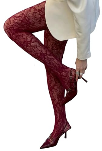Hedovan Women Floral Lace Tights Patterned Fishnet Stockings Sheer Funky Tights Cute Sexy Pantyhose Leggings(Trendy Red,One Size)