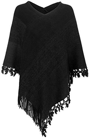 Fomolom Women Striped Poncho with Tassels Knitted Shawl Scarf Fringed Wrap Sweater Pullover Cape Black