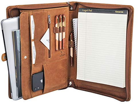 Gavarnie Genuine Leather Business Portfolio Padfolio Folder with Zipper for Men, Men's Leather Padfolio Folder for 13 Laptop, Business Portfolio for Letter Size Notepad, Graduation Gift，Brown
