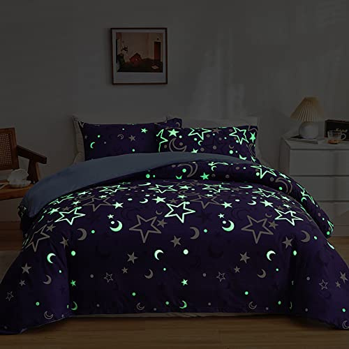 GETIYA Lila Mond Stern Bettwäsche 135x200 Weich Mikrofaser Bettwäsche Mädchen Damen Bettbezug Stern Mond Muster Leuchtend im Dunkeln Violett Blau Wendebettwäsche Einzelbett mit 1 Kissenbezug 40x80