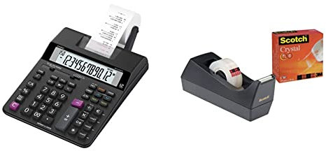 Casio Druckender Tischrechner HR-200RCE, 12-stellig, 2-Farbdruck, Wiederholungsdruck, Steuerberechnung & Scotch C38 Tischabroller schwarz + Scotch Crystal Klebeband, 1 Rolle, 19 mm x 10 m