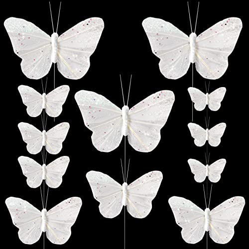 BETESSIN 12Pcs Schmetterlinge Deko mit Draht 3D Weiß Schmetterling Dekoration Tisch Torte DIY Geschenkverpackung Ostern Hochzeit Party Zimmer Dekoration Fenster Garten Wanddeko in 4 Größen