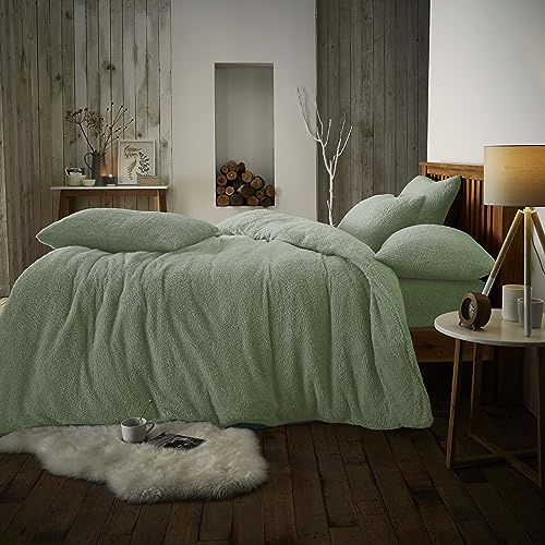 LIZZIE JACOBS Teddy Fleece Luxurious Duvet Cover Sets Super Soft Warm Cosy Sherpa Fleece WInter Quilt Cover Sets Reversible Bedding Sets (Double, Sage Green), GCTSFB-14