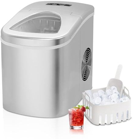 Techomey Ice Maker Machine for Countertop, 12 Kgs in 24 Hours, 6 Minutes Quick Ice Making, 2 Ice Cube Sizes, 2.2L Portable Ice Maker with Scoop and Basket, Sliver