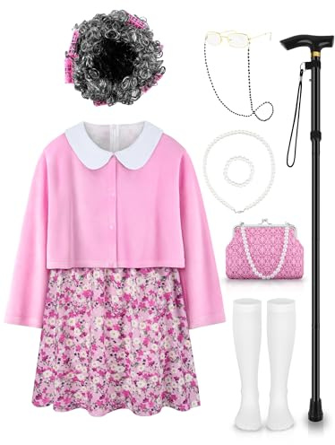 Gnodio Old Lady Costume for Kids 100 Days of School Costume for Girls 100th Day of School Granny Old Lady Dress Up Accessory Pink 5-7X