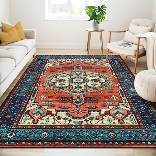 Guchuang Washable Rugs Living Room Area Rugs Terracotta Vintage Boho Large Non Slip Carpet Traditional Oriental Rugs Short Pile for Bedroom Dining Room Kitchen Soft Faux Wool Rug 160x230cm