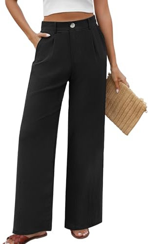 PASUDA Pantalones Mujer Verano Suelto Rectos Casual Cintura Alta Anchos Con Botones Ligero Cómodo de Traje Playa Con Bolsillos (Negro, XL)