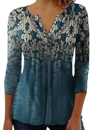 ABYOVRT Blusa de Mujer Camisa Elegante Manga 3/4 Cuello V Estampadas Camiseta Casual Holgada Verano,Azul-1,L