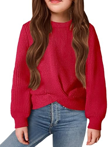 Arshiner Niñas Jersey Moda Suéter Niños Cálido Cuello Redondo Manga Larga Otoño Invierno Ocio Suéter para Niñas 9-10 Años Rojo Intenso
