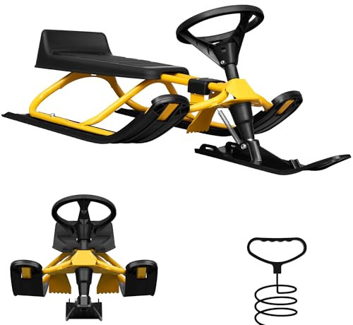 Laneetal Lenkschlitten für Kinder ab 5 Jahren, Schlitten mit Lenkrad Fußbremse Zugseil, Sitz mit Rückenlehne, Metallrahmen, 119x38x50,5 cm, Schwarz+Gelb